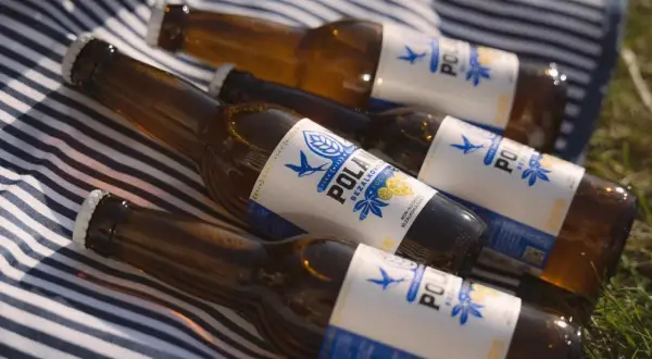 Butelki piwa bezalkoholowego leżą na kocu w paski. Czy piwo bezalkoholowe nawadnia? To pytanie zadaje sobie wielu, a te butelki mogą być odpowiedzią.