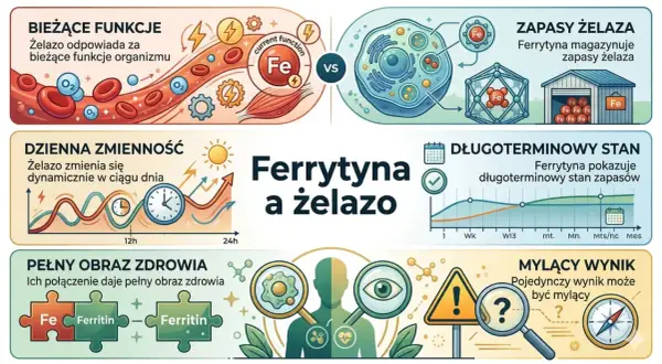 Ferrytyna co to? Wykresy pokazują funkcje żelaza, jego dzienne wahania, zapasy magazynowane przez ferrytynę i długoterminowy stan.