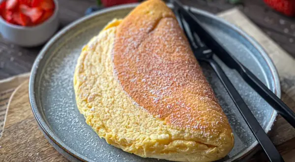 Puszysty omlet z białek, lekko przyprószony cukrem pudrem, czeka na talerzu obok świeżych truskawek.