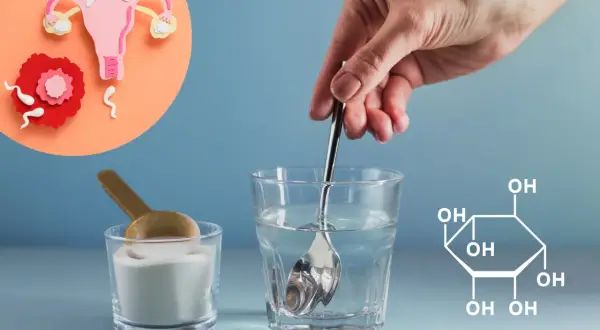 Rozpuszczanie proszku inozytolu w wodzie. Grafika przedstawia układ rozrodczy i wzór chemiczny inozytolu. Inozytol co to?