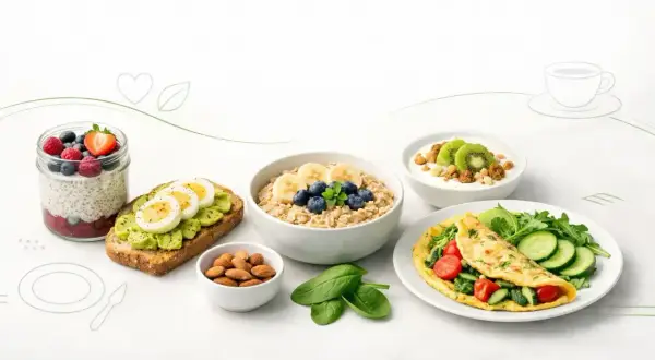 Zdrowe śniadanie na redukcji: owsianka, omlet, jogurt z kiwi, tosty z awokado i jajkiem, nasiona chia z owocami, migdały.