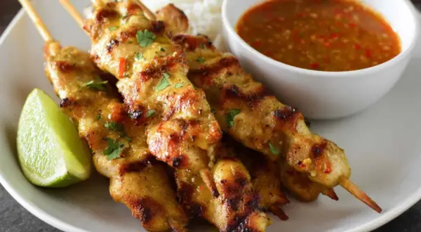 Aksamitne satay z kurczaka na patyczkach, podane z orzechowym sosem, ryżem i ćwiartką limonki.