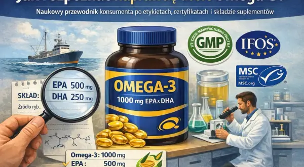 W czym jest omega 3? Na zdjęciu suplement z ryb, z certyfikatami GMP, IFOS, MSC. Zawiera 1000 mg EPA i DHA.
