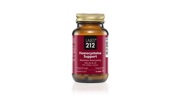 Suplement diety "Homocysteine Support" od LABS 212, zawierający TMG, witaminy z grupy B i cholinę, pomaga obniżyć homocysteine.