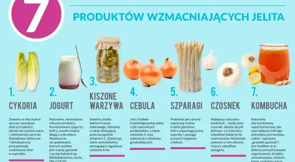 Cykoria, jogurt, kiszone warzywa, cebula, szparagi, czosnek i kombucha – naturalne produkty wspierające jelita. Czosnek to najlepszy probiotyk na jelita.
