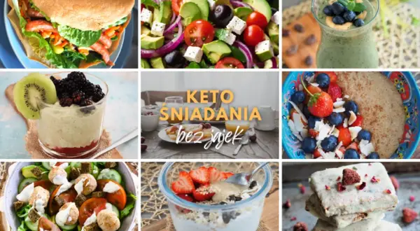 Keto śniadanie do pracy: wrap z warzywami, sałatka z awokado, smoothie, owsianka z owocami i keto batoniki.