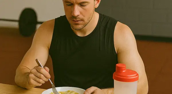 Mężczyzna po treningu je makaron, źródło węglowodanów. Obok shaker z napojem i pieczywo.