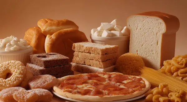 Różnorodne źródła węglowodanów: chleb, bułki, ciastka, pizza, makaron, ryż i cukier.