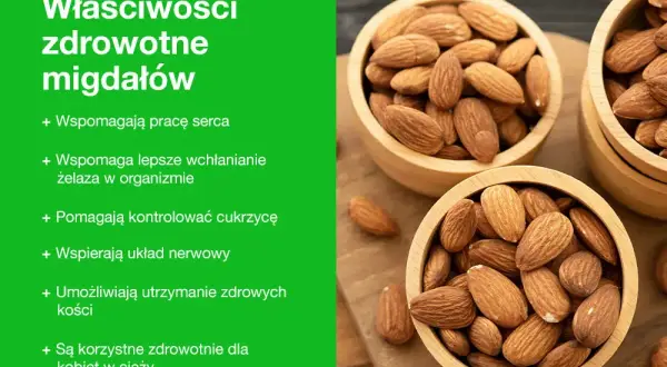 Migdały są zdrowe! Widać je w drewnianych miseczkach, a tekst wymienia ich liczne korzyści zdrowotne, np. dla serca i cukrzycy.