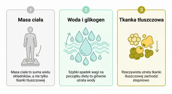 Trzy etapy utraty wagi: masa ciała, woda i glikogen, tkanka tłuszczowa. Zmiany w metabolizmie.