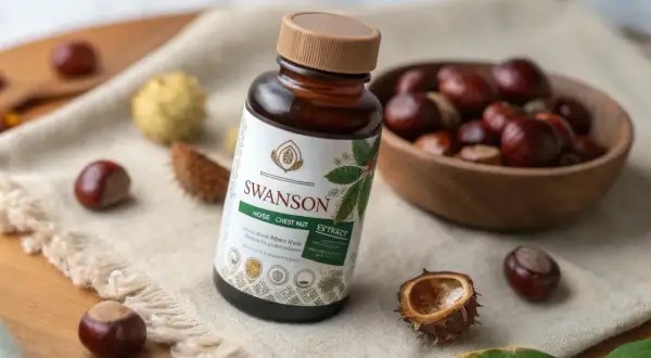 Butelka suplementu Swanson z ekstraktem z kasztanowca. Wokół kasztany i ich łupiny. Dobre **Swanson opinie** potwierdzają jego skuteczność.