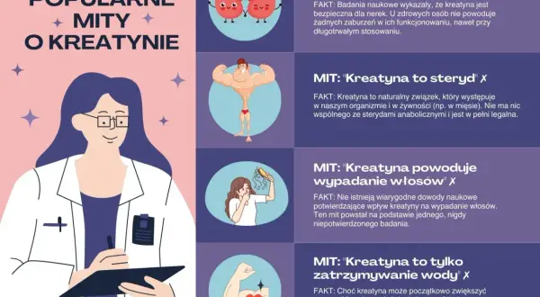 Grafika obala mity o kreatynie: nie niszczy nerek, nie jest sterydem, nie powoduje łysienia ani tylko zatrzymywania wody.