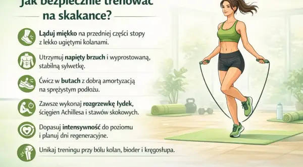 Kobieta skacze na skakance, ilustracja pokazuje jak uzyskać najlepsze skakanie na skakance efekty, dbając o technikę i bezpieczeństwo.