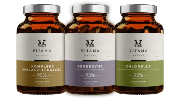 Trzy suplementy diety Vitama: Kompleks Spalacz Tłuszczu, Berberyna i Chlorella. Idealne wsparcie, gdy zastanawiasz się, jakie suplementy na redukcji wybrać.