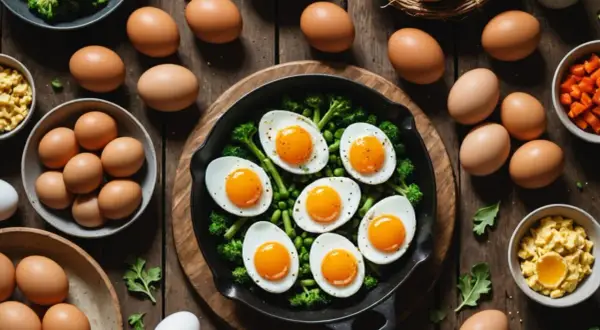 Jajka na talerzu z brokułami i groszkiem. Wokół surowe jajka, miseczki z jedzeniem. Czy jajka a cholesterol to mit?