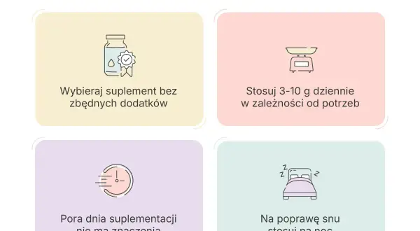Wskazówki dotyczące suplementacji glicyny: wybieraj czysty suplement, stosuj 3-10 g dziennie, pora dnia nie ma znaczenia, na sen przyjmuj na noc.