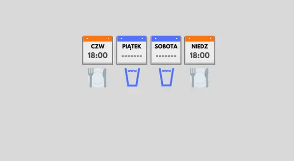 Czwartek, piątek, sobota i niedziela, każdy dzień o 18:00 to czas na posiłek. Post 24 godzinny.
