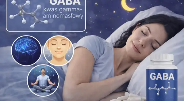 Kobieta śpi spokojnie, obok butelka GABA. Obrazek sugeruje, że niedobór GABA objawy mogą być łagodzone przez suplementację, poprawiając sen i relaks.