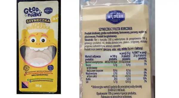 Szyneczka z fileta kurczaka, 50g. Niska zawartość tłuszczu, bez dodatku glutaminianu. Wartość energetyczna 105 kcal na 100g, czyli mało kalorii.