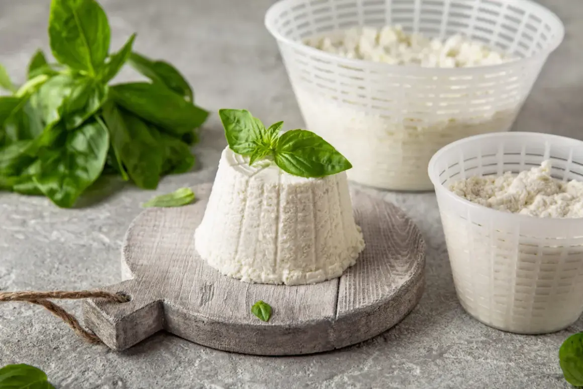 Świeży serek ricotta na desce, ozdobiony bazylią. Obok dwa pojemniki z serkiem i gałązka bazylii.
