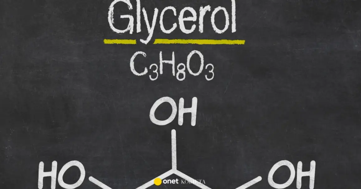 Struktura chemiczna glicerolu: C₃H₈O₃ z trzema grupami hydroksylowymi (OH).