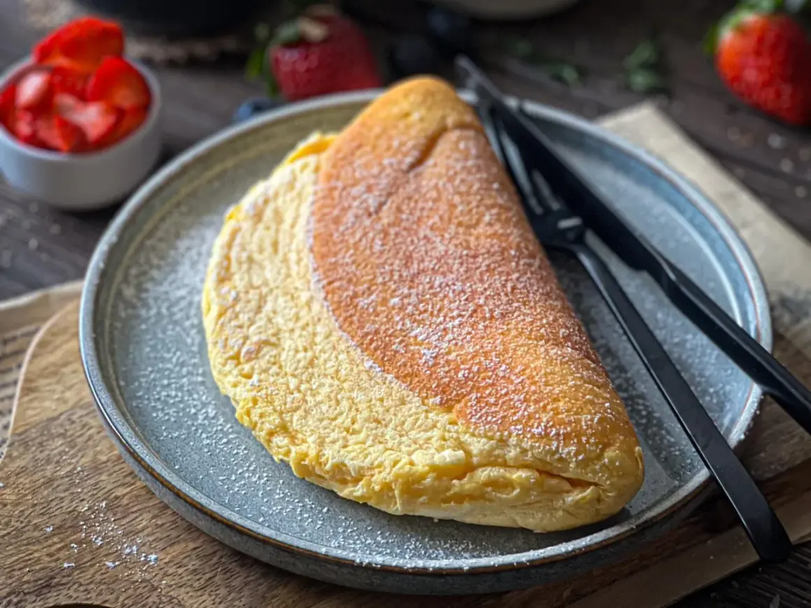 Puszysty omlet z białek, lekko przyprószony cukrem pudrem, czeka na talerzu obok świeżych truskawek.