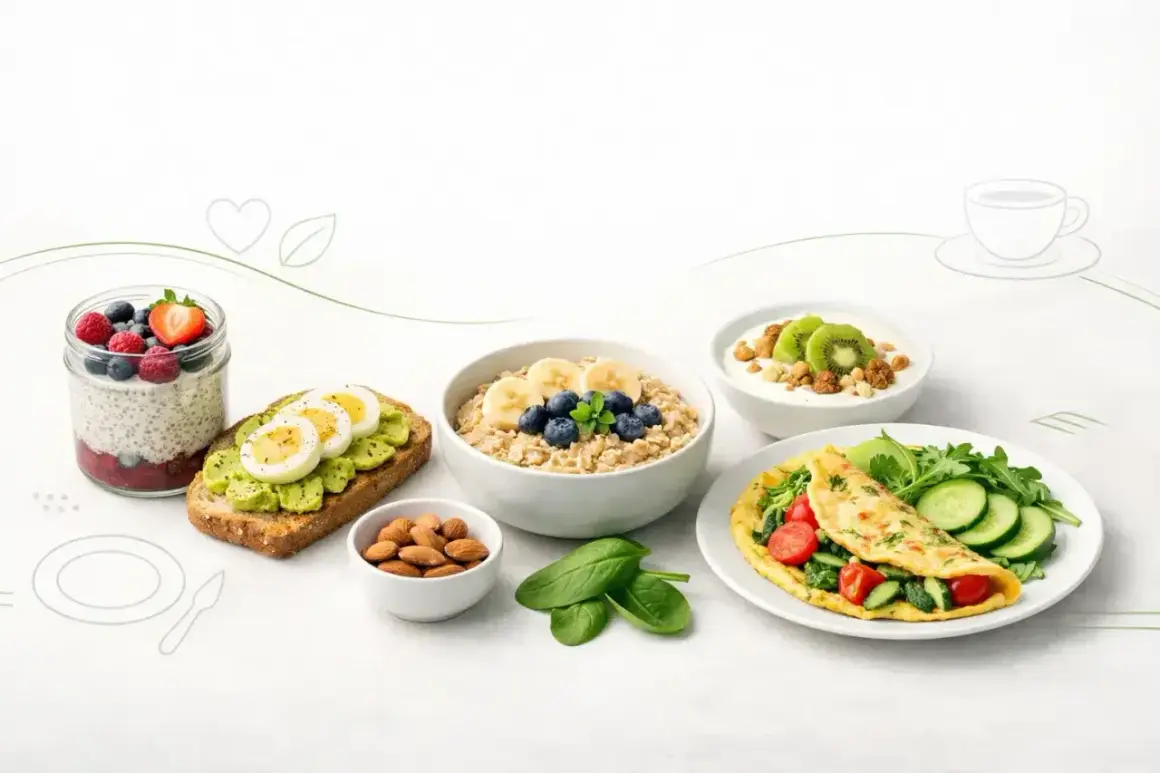 Zdrowe śniadanie na redukcji: owsianka, omlet, jogurt z kiwi, tosty z awokado i jajkiem, nasiona chia z owocami, migdały.