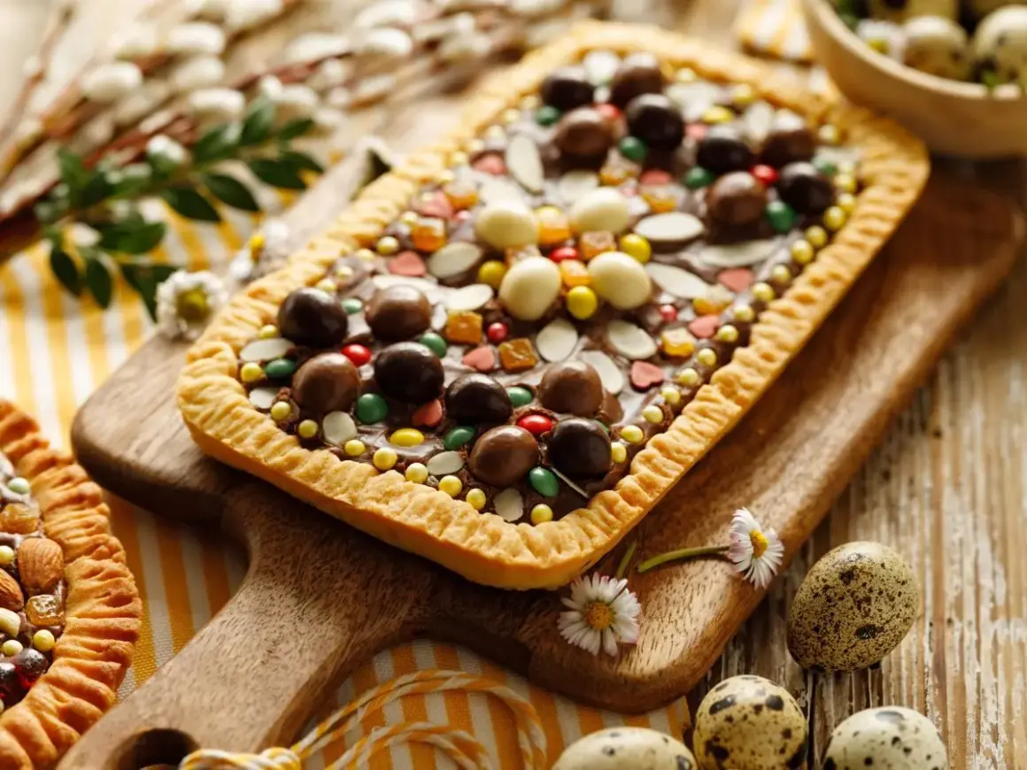 Pyszny mazurek fit z czekoladą i bakaliami, ozdobiony kolorowymi drażetkami i migdałami. Idealny na Wielkanoc.