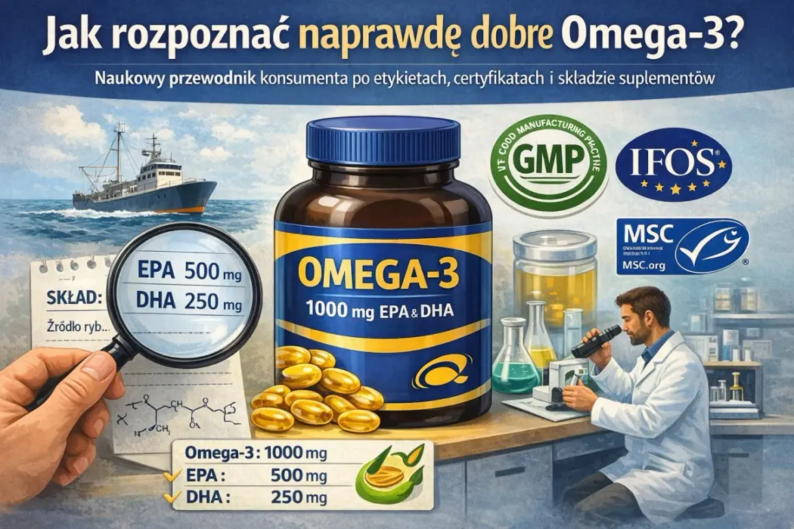W czym jest omega 3? Na zdjęciu suplement z ryb, z certyfikatami GMP, IFOS, MSC. Zawiera 1000 mg EPA i DHA.