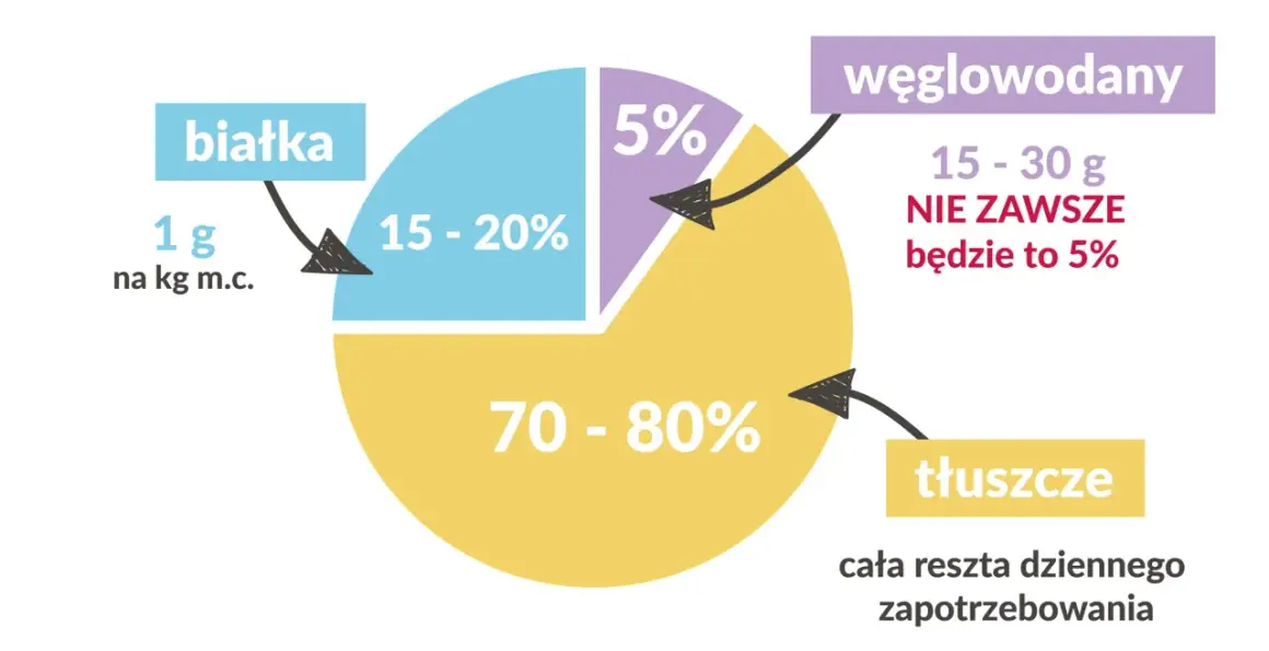 Wykres kołowy pokazuje proporcje makroskładników: białka (15-20%), węglowodany (5%) i tłuszcze (70-80%).