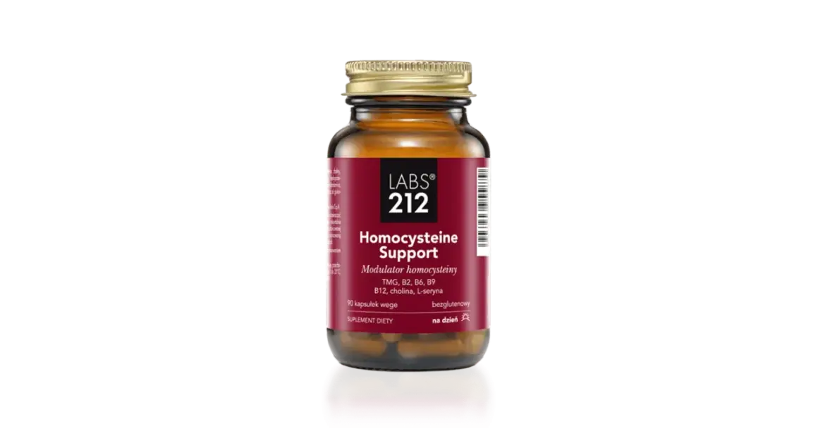 Suplement diety "Homocysteine Support" od LABS 212, zawierający TMG, witaminy z grupy B i cholinę, pomaga obniżyć homocysteine.