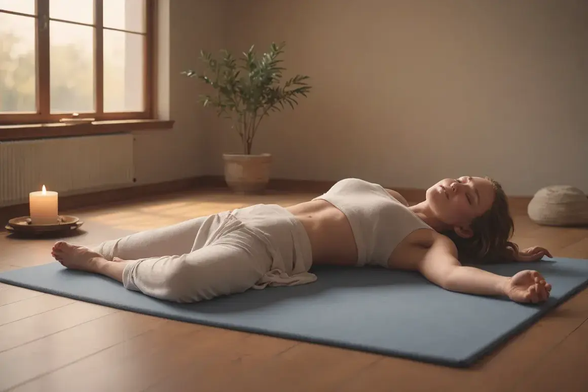 Kobieta w pozycji relaksacyjnej na macie, z nogami zgiętymi w kolanach i stopami połączonymi. To idealna chwila na głęboki oddech i praktykę **yoga nidra**.