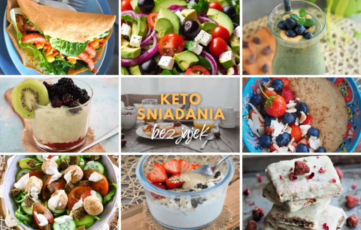 Keto śniadanie do pracy: wrap z warzywami, sałatka z awokado, smoothie, owsianka z owocami i keto batoniki.