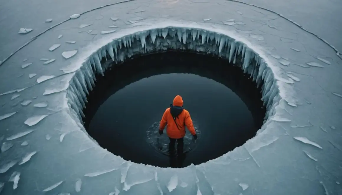 Osoba w pomarańczowej kurtce stoi w przerębli. Czy morsowanie jest zdrowe? Zimna woda i lód wokół budzą respekt.