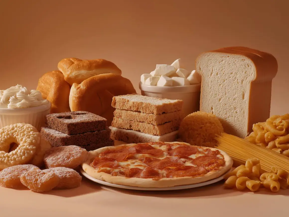 Różnorodne źródła węglowodanów: chleb, bułki, ciastka, pizza, makaron, ryż i cukier.