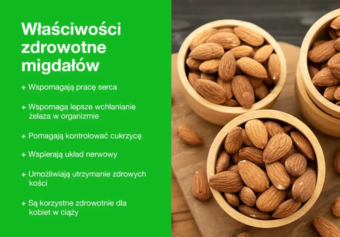Migdały są zdrowe! Widać je w drewnianych miseczkach, a tekst wymienia ich liczne korzyści zdrowotne, np. dla serca i cukrzycy.