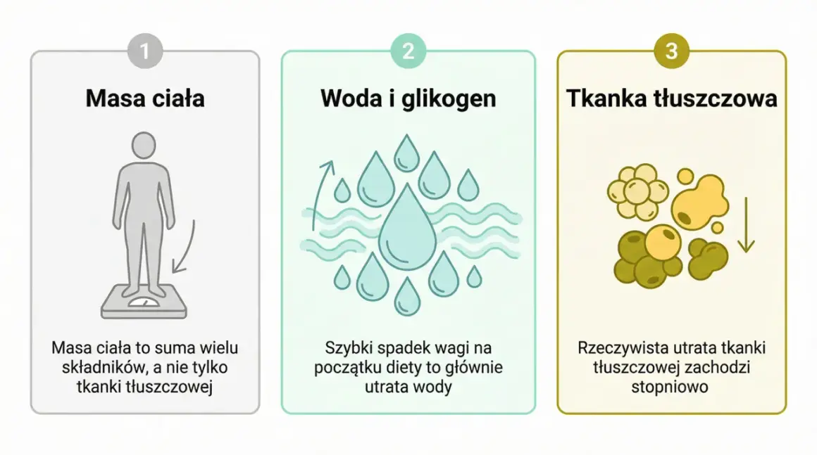 Trzy etapy utraty wagi: masa ciała, woda i glikogen, tkanka tłuszczowa. Zmiany w metabolizmie.