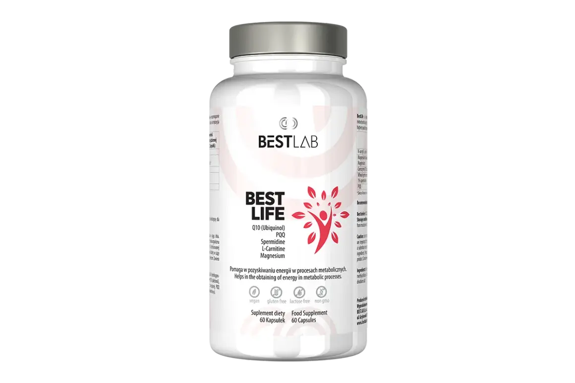 Suplement diety Best Life z Q10, PQQ, L-karnityną, magnezem i spermidyną. Wspiera metabolizm.