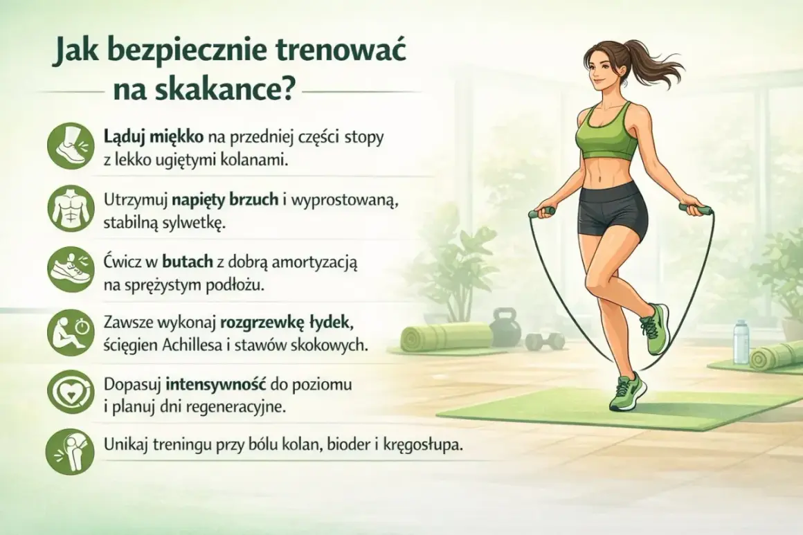 Kobieta skacze na skakance, ilustracja pokazuje jak uzyskać najlepsze skakanie na skakance efekty, dbając o technikę i bezpieczeństwo.