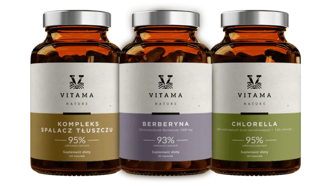 Trzy suplementy diety Vitama: Kompleks Spalacz Tłuszczu, Berberyna i Chlorella. Idealne wsparcie, gdy zastanawiasz się, jakie suplementy na redukcji wybrać.