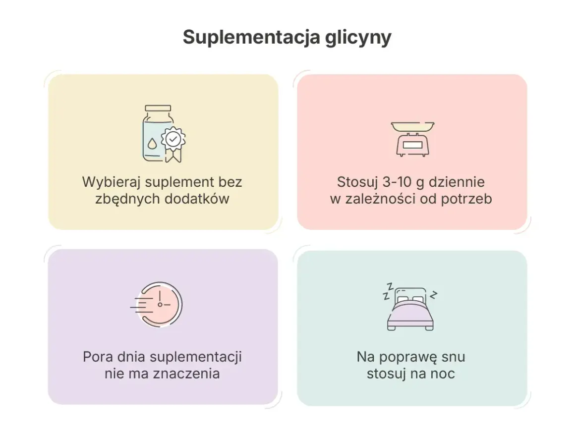 Wskazówki dotyczące suplementacji glicyny: wybieraj czysty suplement, stosuj 3-10 g dziennie, pora dnia nie ma znaczenia, na sen przyjmuj na noc.