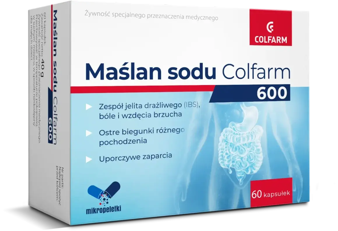 Maślan sodu Colfarm 600 – wybór dla jelit. Pomaga przy IBS, biegunkach i zaparciach. Opakowanie 60 kapsułek.