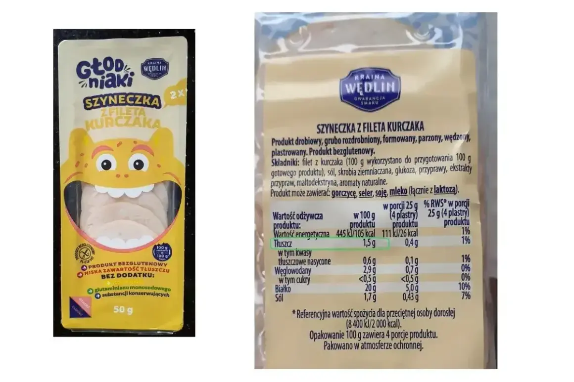 Szyneczka z fileta kurczaka, 50g. Niska zawartość tłuszczu, bez dodatku glutaminianu. Wartość energetyczna 105 kcal na 100g, czyli mało kalorii.