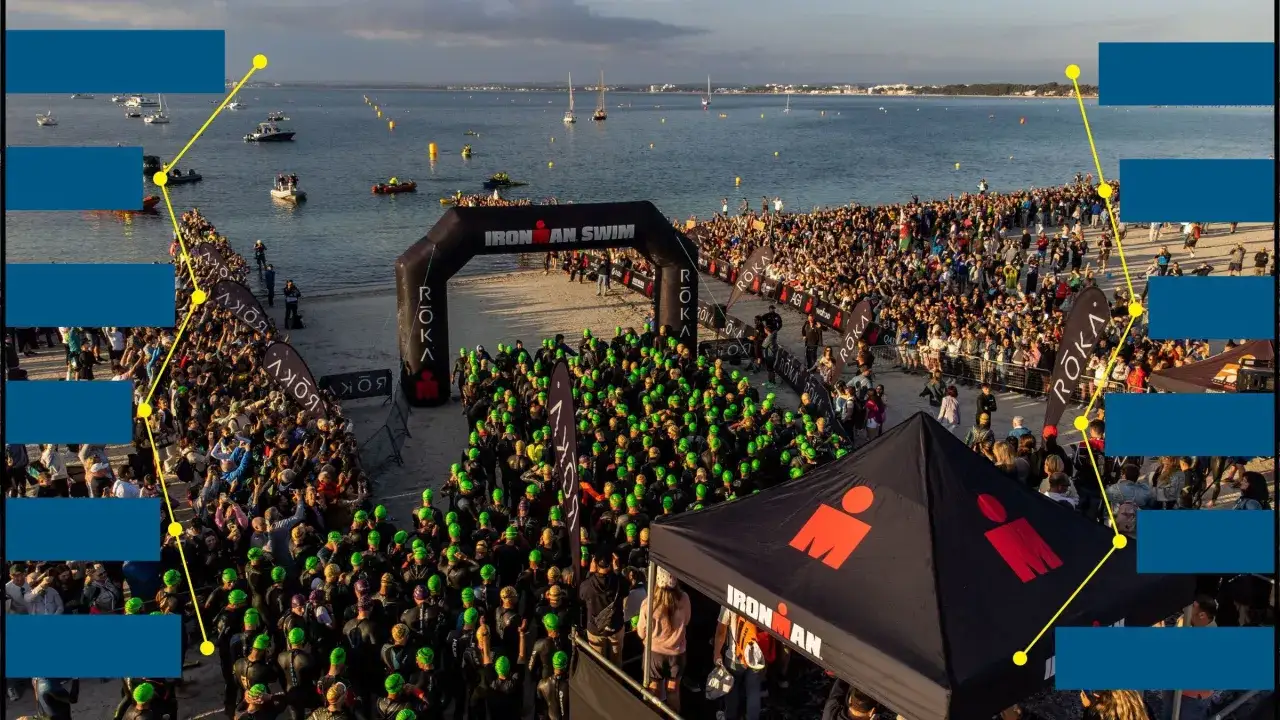Tłum zawodników w piankach i zielonych czepkach czeka na start pływacki Ironman. Dystans do pokonania jest ogromny!