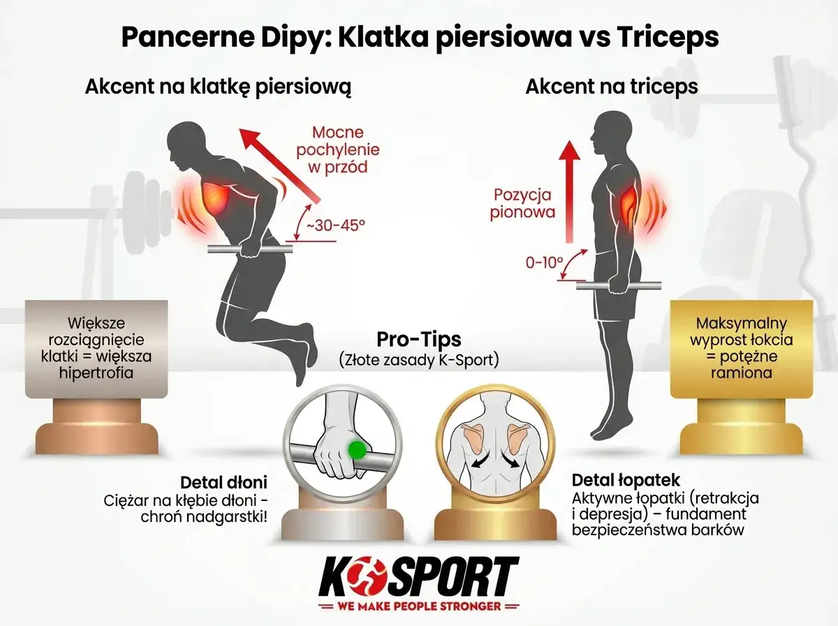 Ilustracja porównuje dipy na klatkę piersiową (pochylenie 30-45°) i triceps (pozycja pionowa). Podkreśla znaczenie chwytu i pracy łopatek dla bezpieczeństwa.