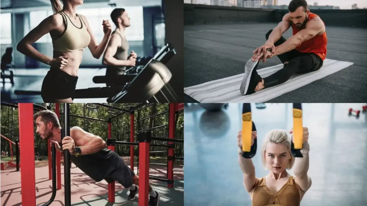Różne rodzaje treningów: bieganie na bieżni, rozciąganie na macie, ćwiczenia na drążkach i trening z taśmami TRX.