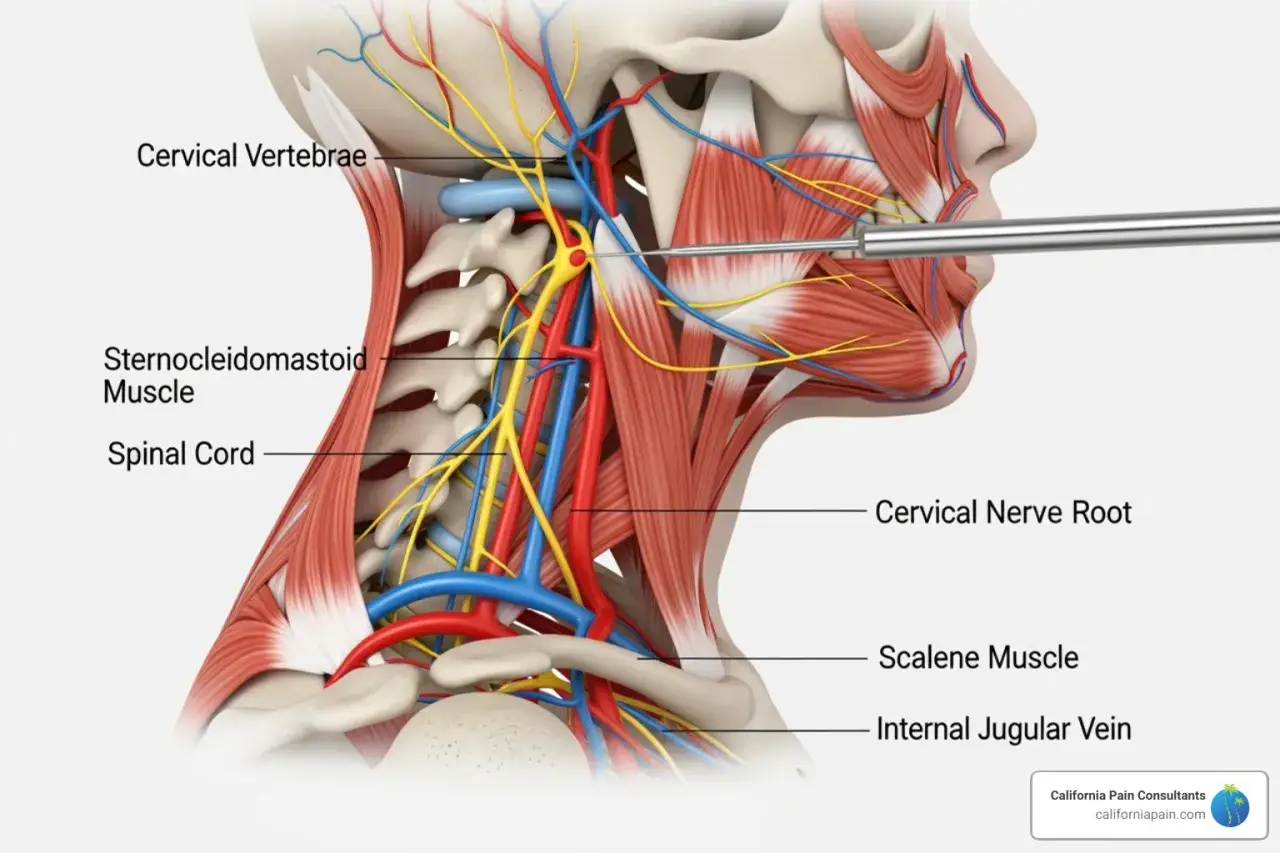 Anatomia szyi z widocznymi mięśniami karku, kręgami szyjnymi, rdzeniem kręgowym i naczyniami. Igła zbliża się do korzenia nerwu szyjnego.