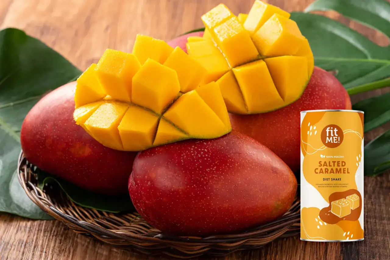 Soczyste mango i puszka dietetycznego shake'a Fit Me! o smaku solonego karmelu. Warto sprawdzić african mango opinie!
