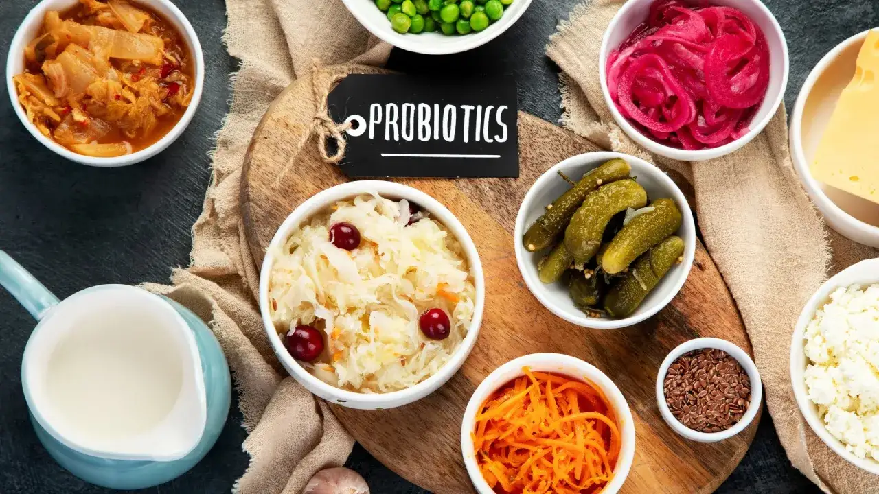 Kiszona kapusta, ogórki, kimchi i inne naturalne probiotyki na desce.