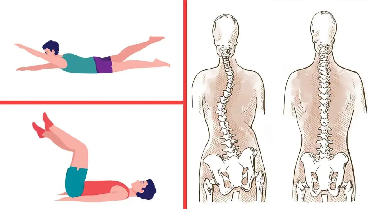 Ilustracje pokazują ćwiczenia na skoliozę: pływanie i ćwiczenia na plecach. Porównanie kręgosłupów przed i po rehabilitacji.